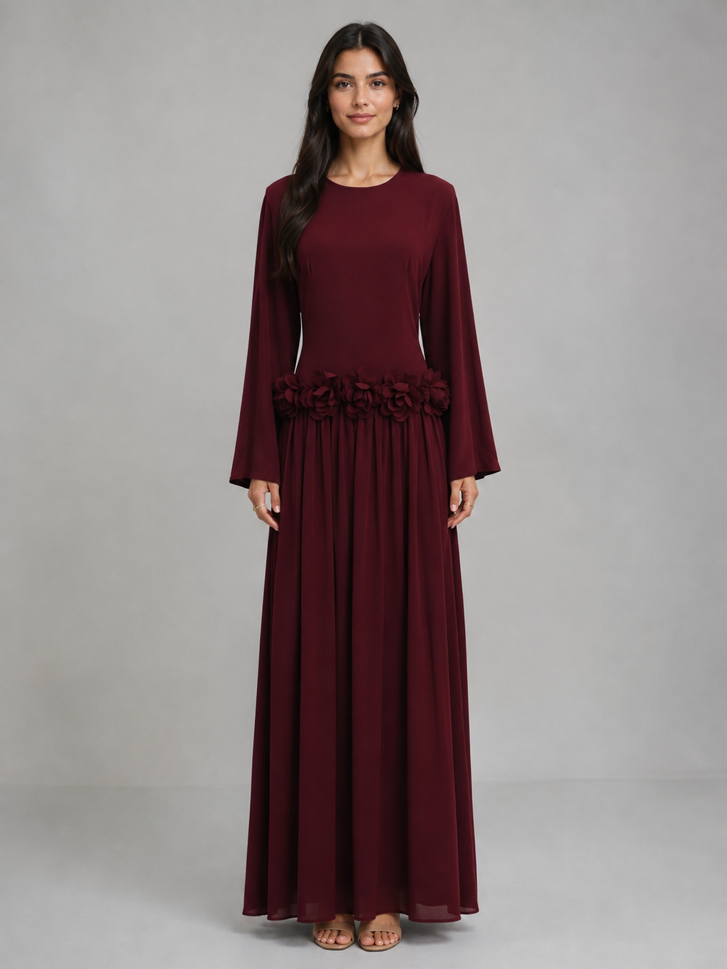 Ayla Floral Waist Maxi Dress - Burgundy