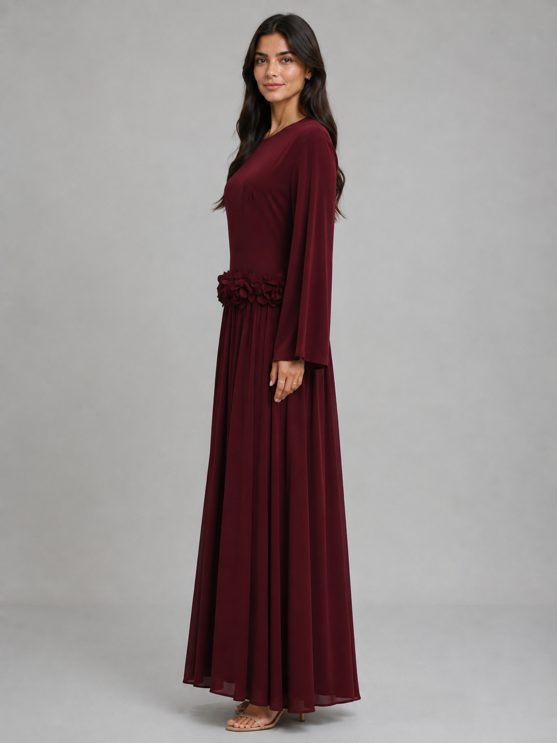 Ayla Floral Waist Maxi Dress - Burgundy