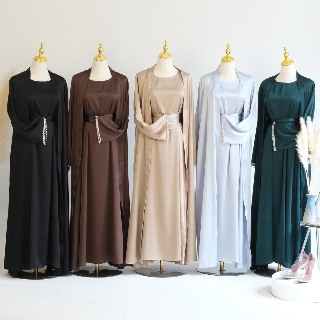 Marla Satin Diamond Trim Modest Dress - Black