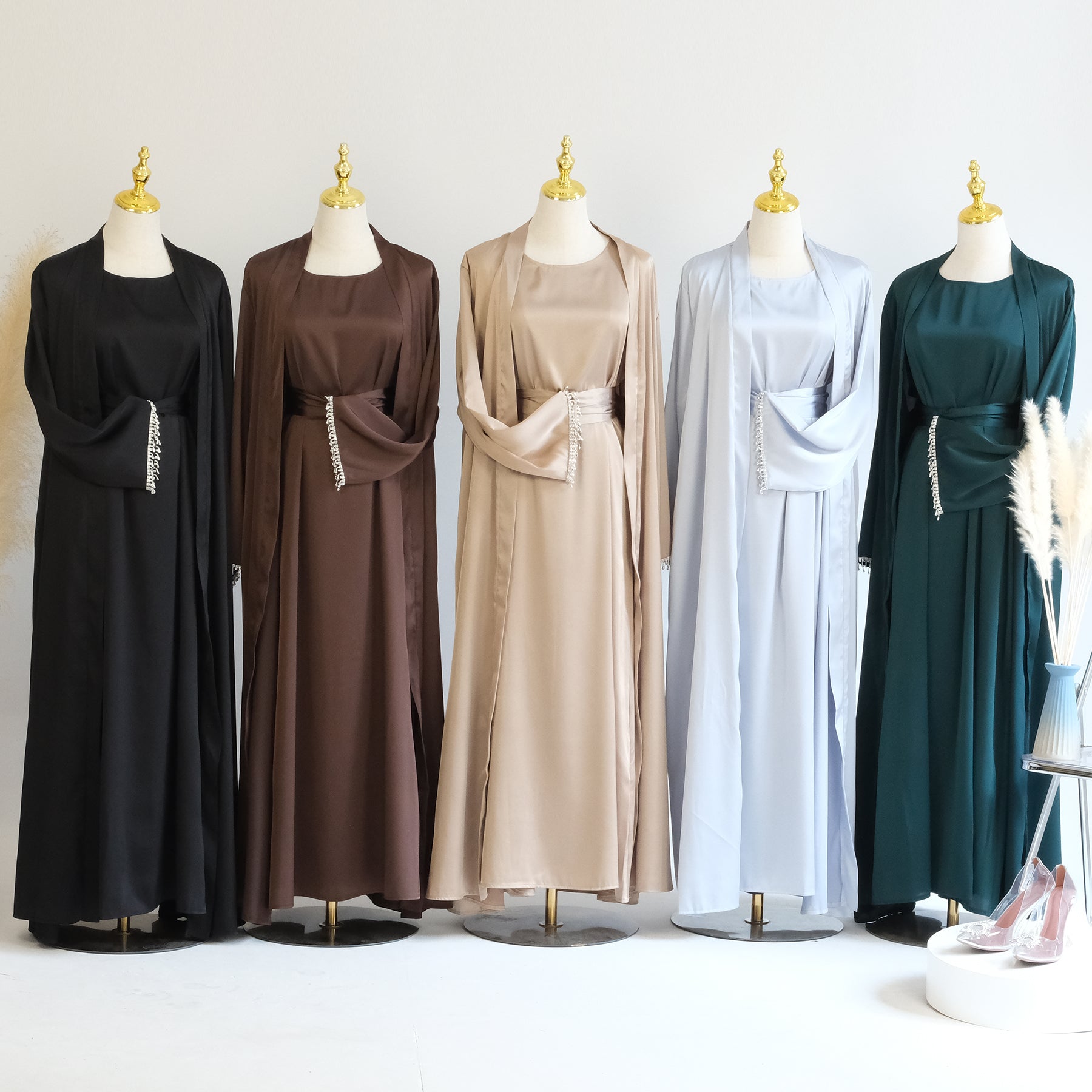 Marla Satin Diamond Trim Modest Dress - Black