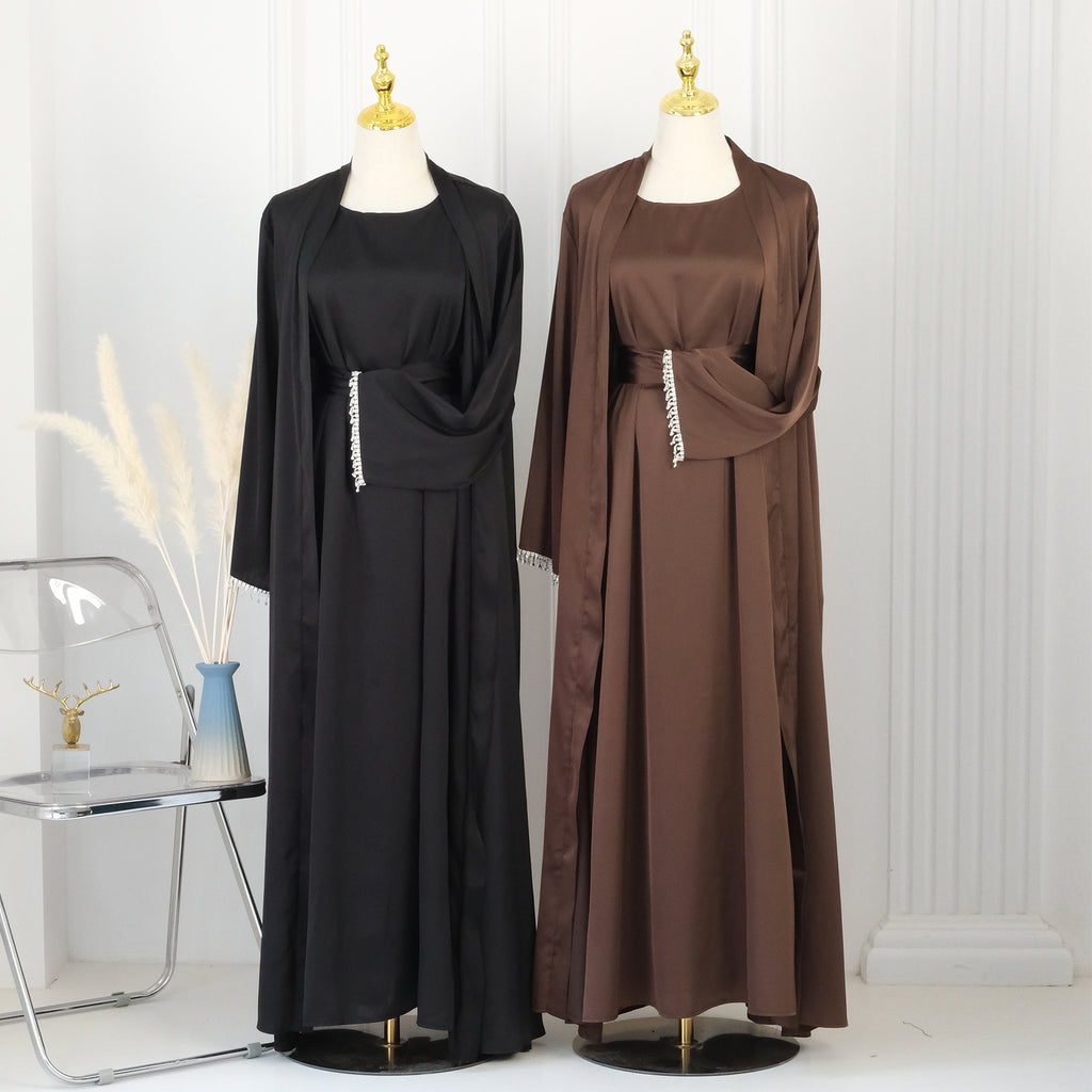 Marla Satin Diamond Trim Modest Dress - Black