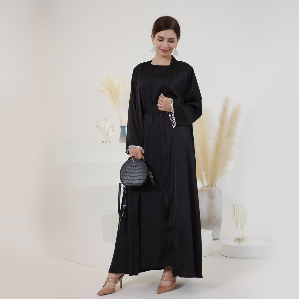Marla Satin Diamond Trim Modest Dress - Black