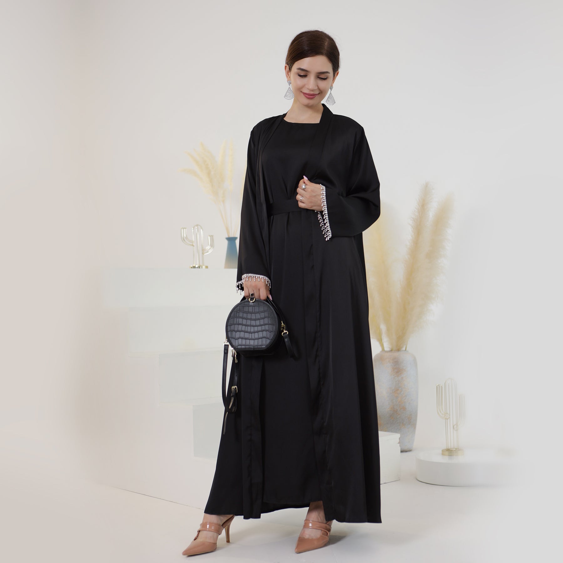 Marla Satin Diamond Trim Modest Dress - Black