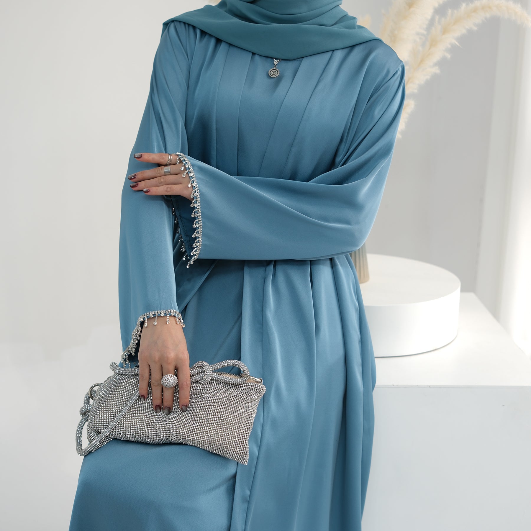 Marla Satin Diamond Trim Modest Dress - Blue
