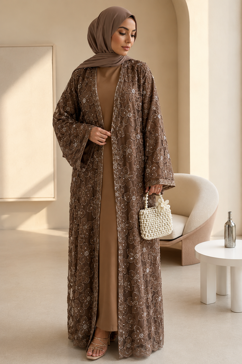 Noura Embellished Evening Abaya Set - Mocha