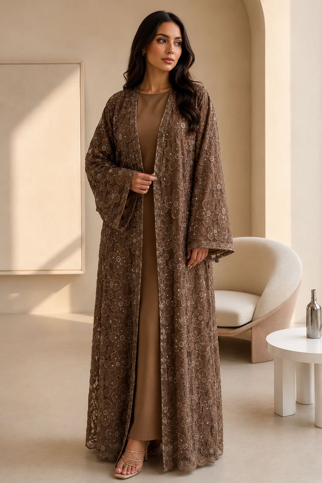 Noura Embellished Evening Abaya Set - Mocha