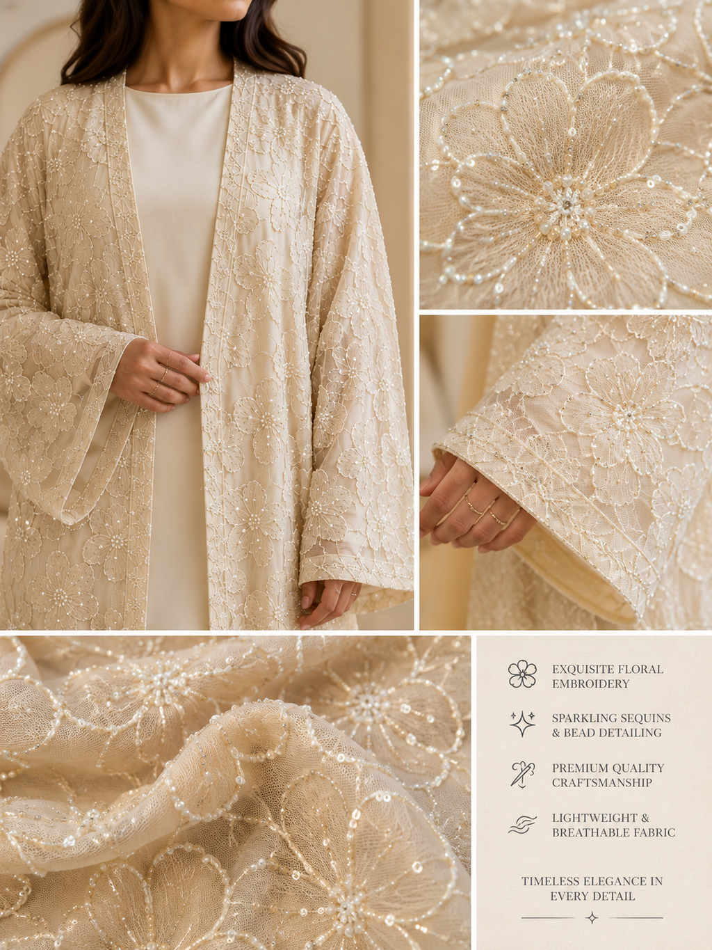 Noura Embellished Evening Abaya Set - Champagne