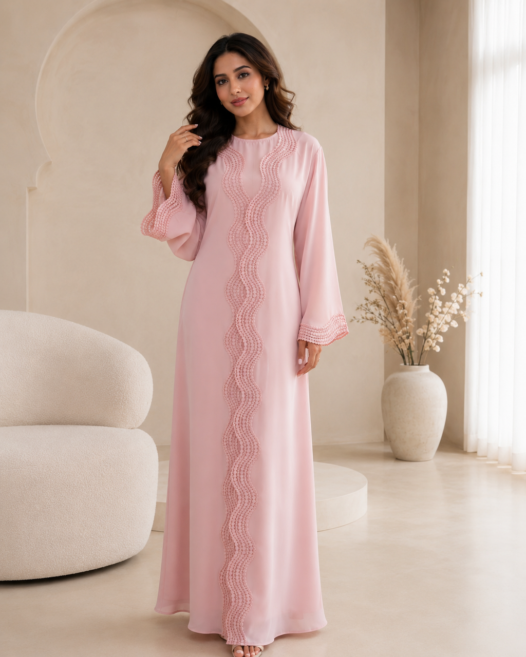 Elara Lace Trim Abaya - Pink
