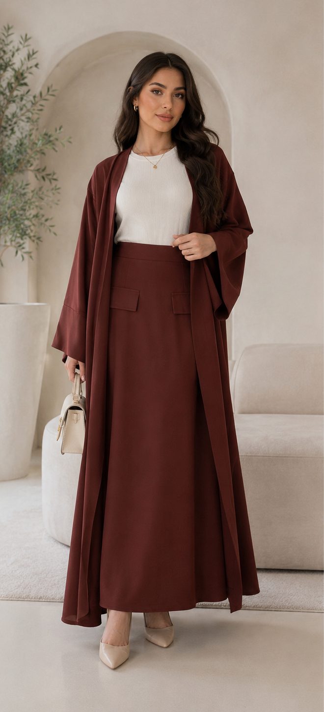 Amal Co Ord Abaya Set - Burgundy
