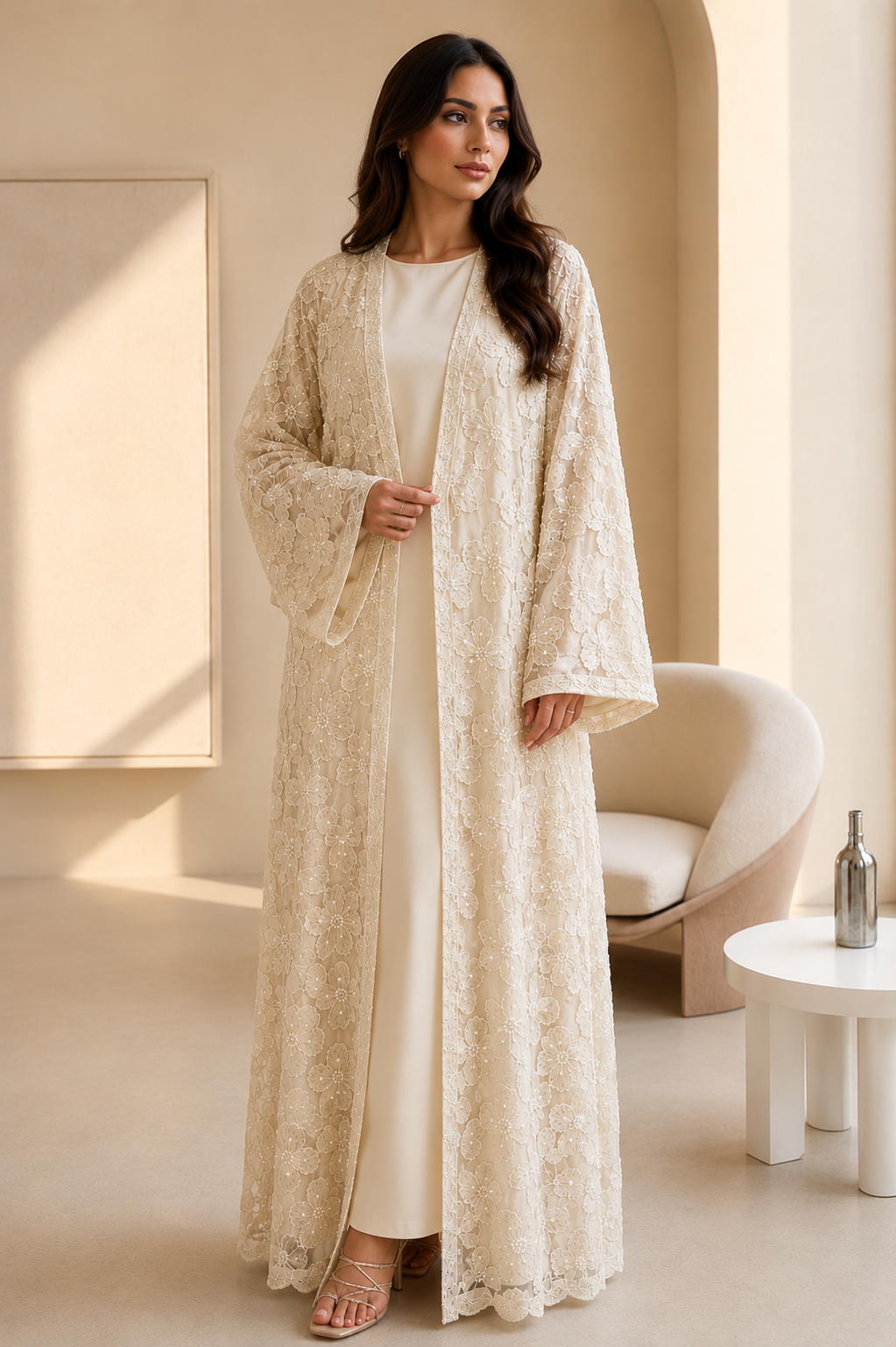 Noura Embellished Evening Abaya Set - Champagne