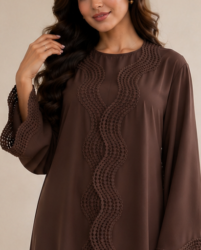 Elara Lace Trim Abaya - Brown