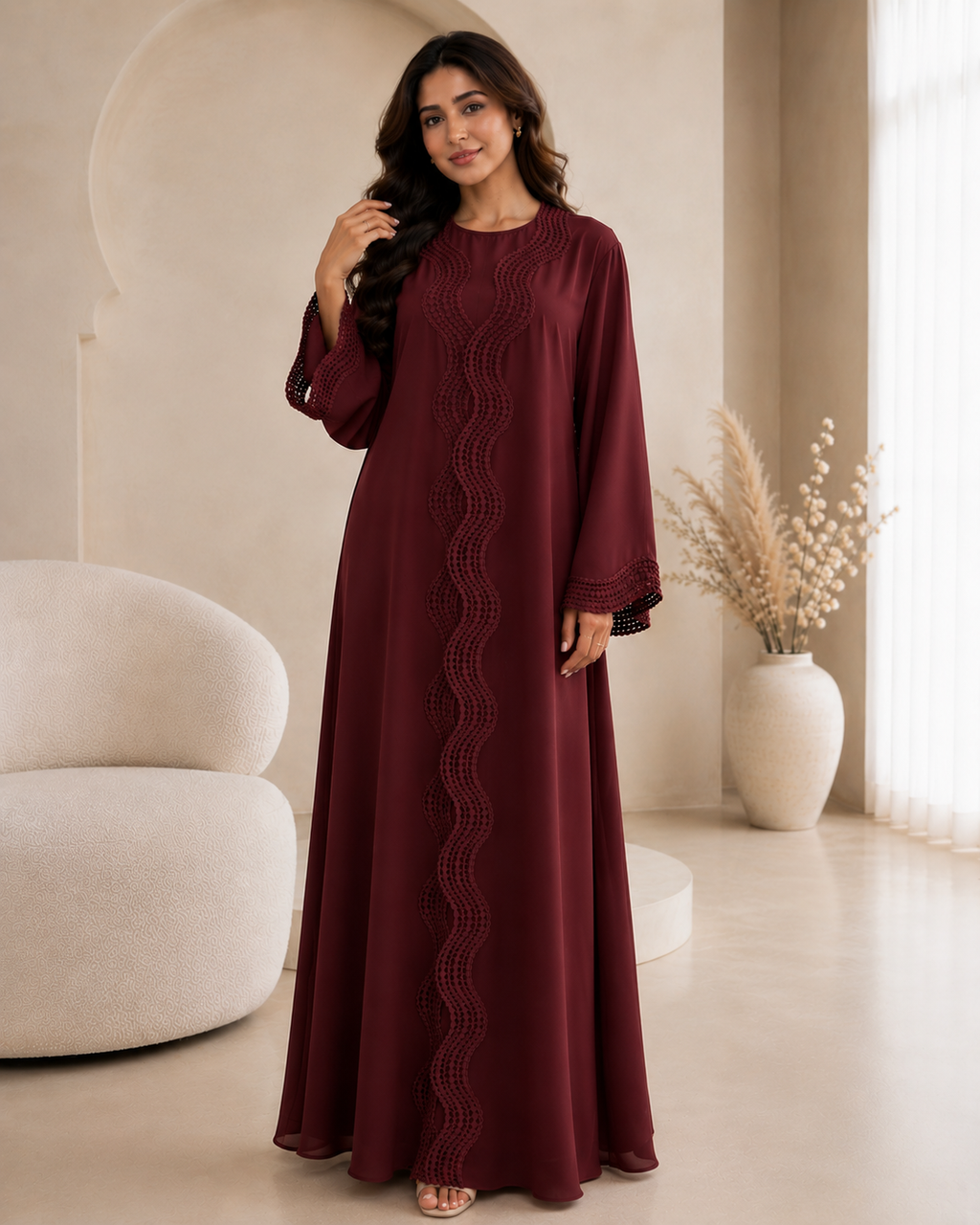 Elara Lace Trim Abaya - Wine Red