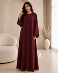 Elara Lace Trim Abaya - Wine Red
