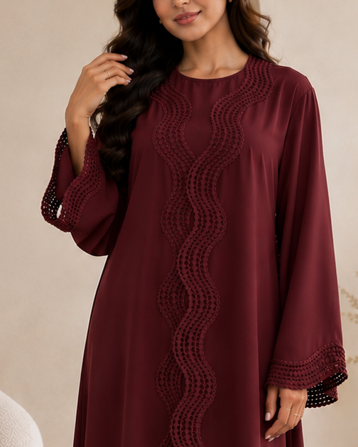 Elara Lace Trim Abaya - Wine Red