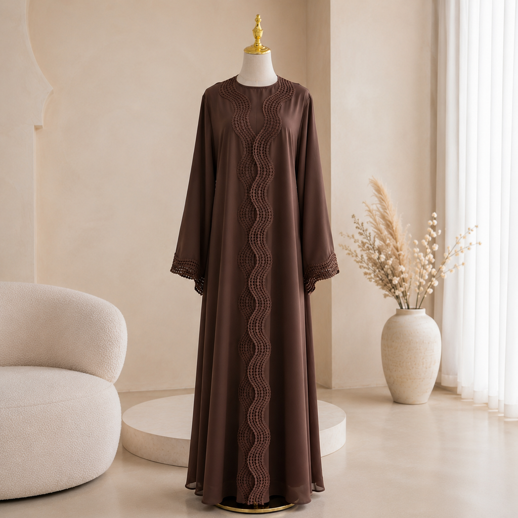 Elara Lace Trim Abaya - Brown