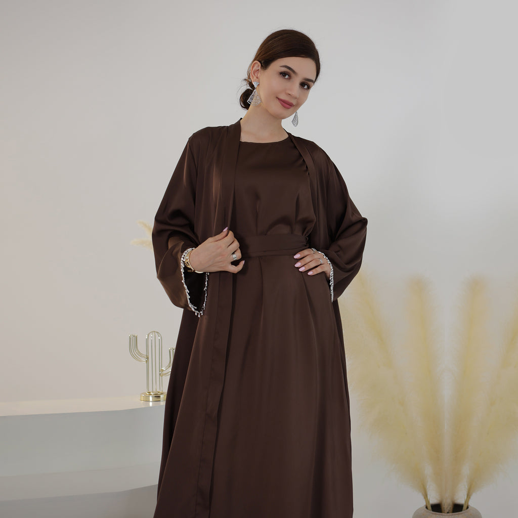 Marla Satin Diamond Trim Modest Dress - Coffee