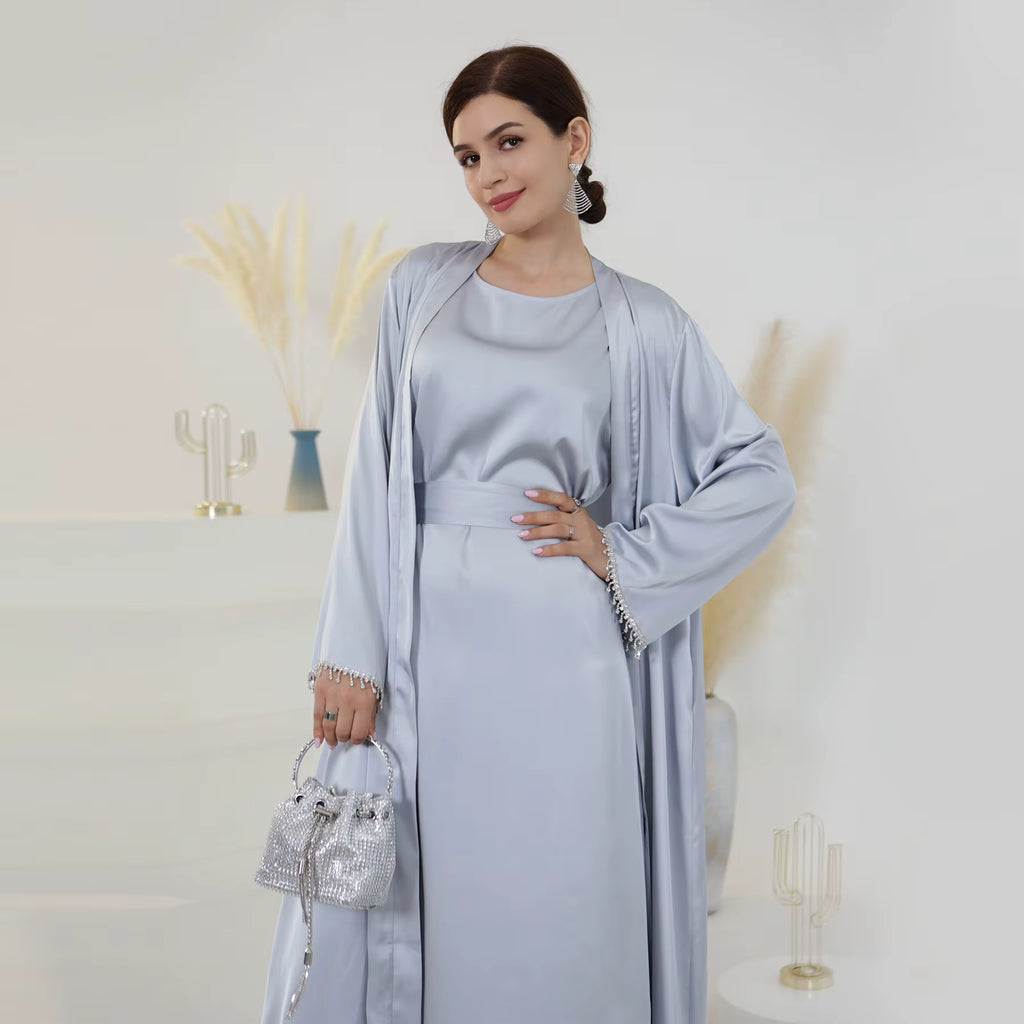 Marla Satin Diamond Trim Modest Dress - Gray