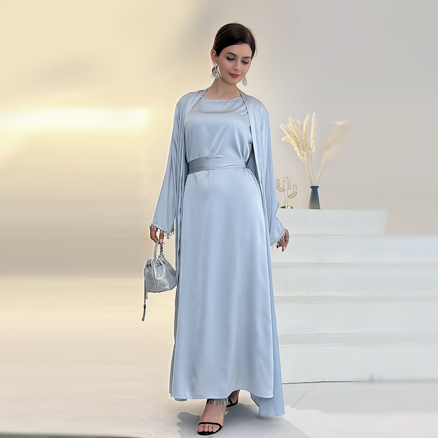 Marla Satin Diamond Trim Modest Dress - Gray