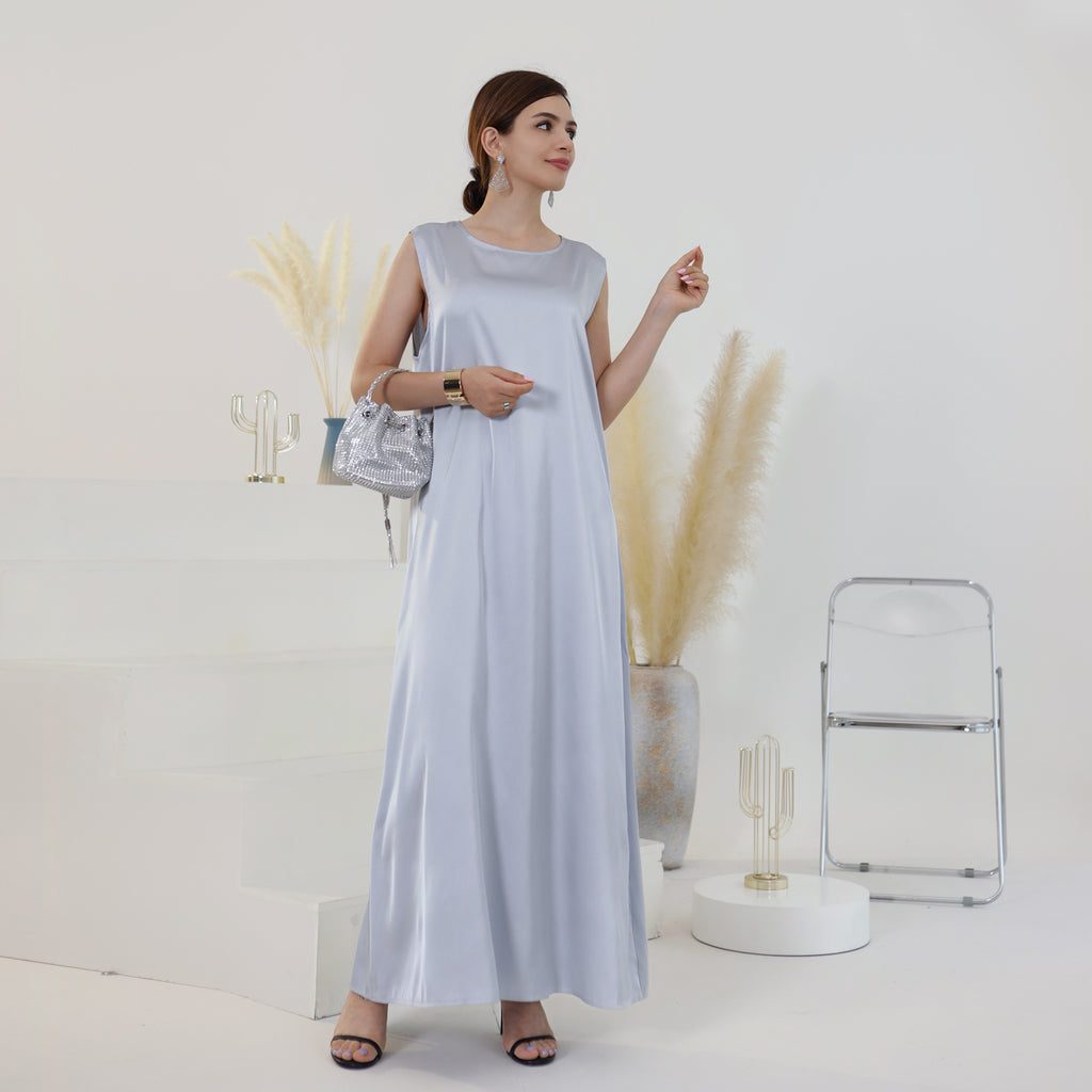 Marla Satin Diamond Trim Modest Dress - Gray