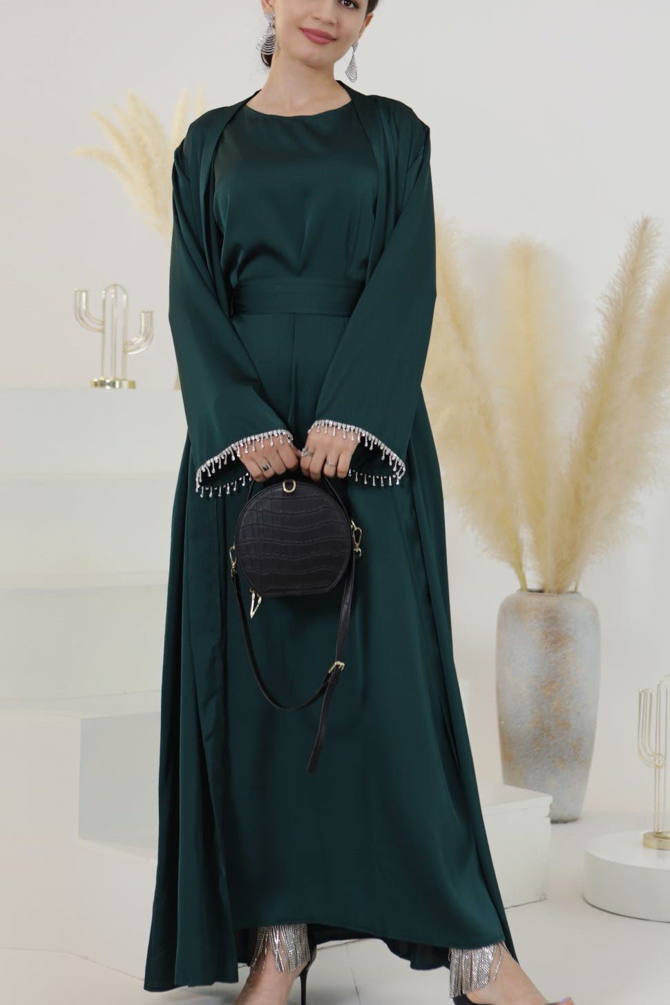 Marla Satin Diamond Trim Modest Dress - Emerald