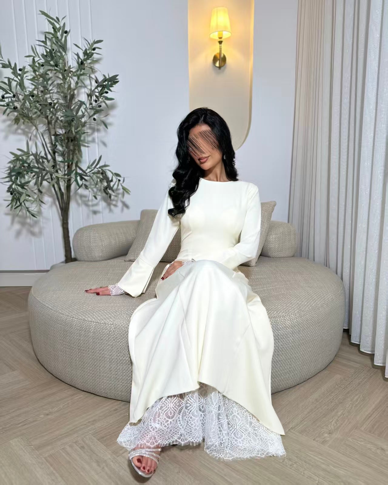 Elara Lace Modest Dress - Beige/Cream/White