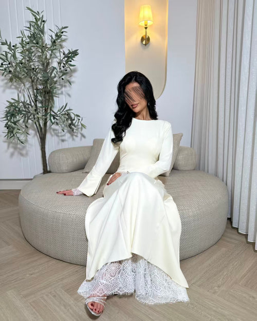 Elara Lace Modest Dress - Beige/Cream/White