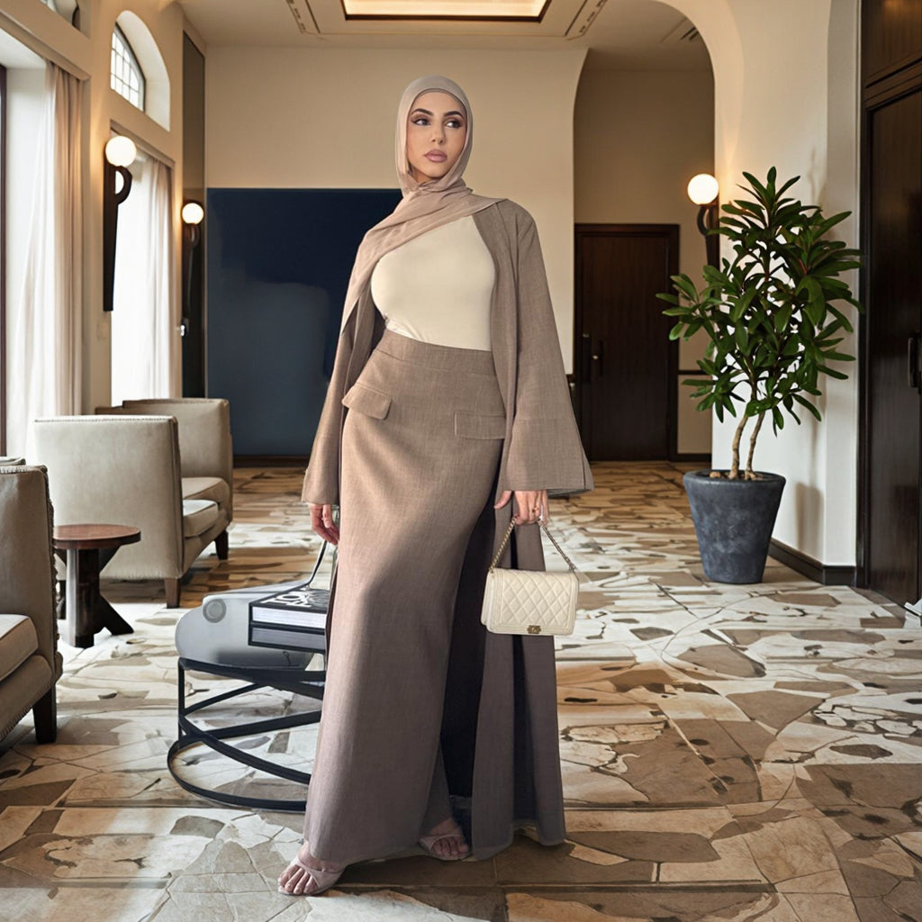 Amal Co Ord Abaya Set - Light Mocha