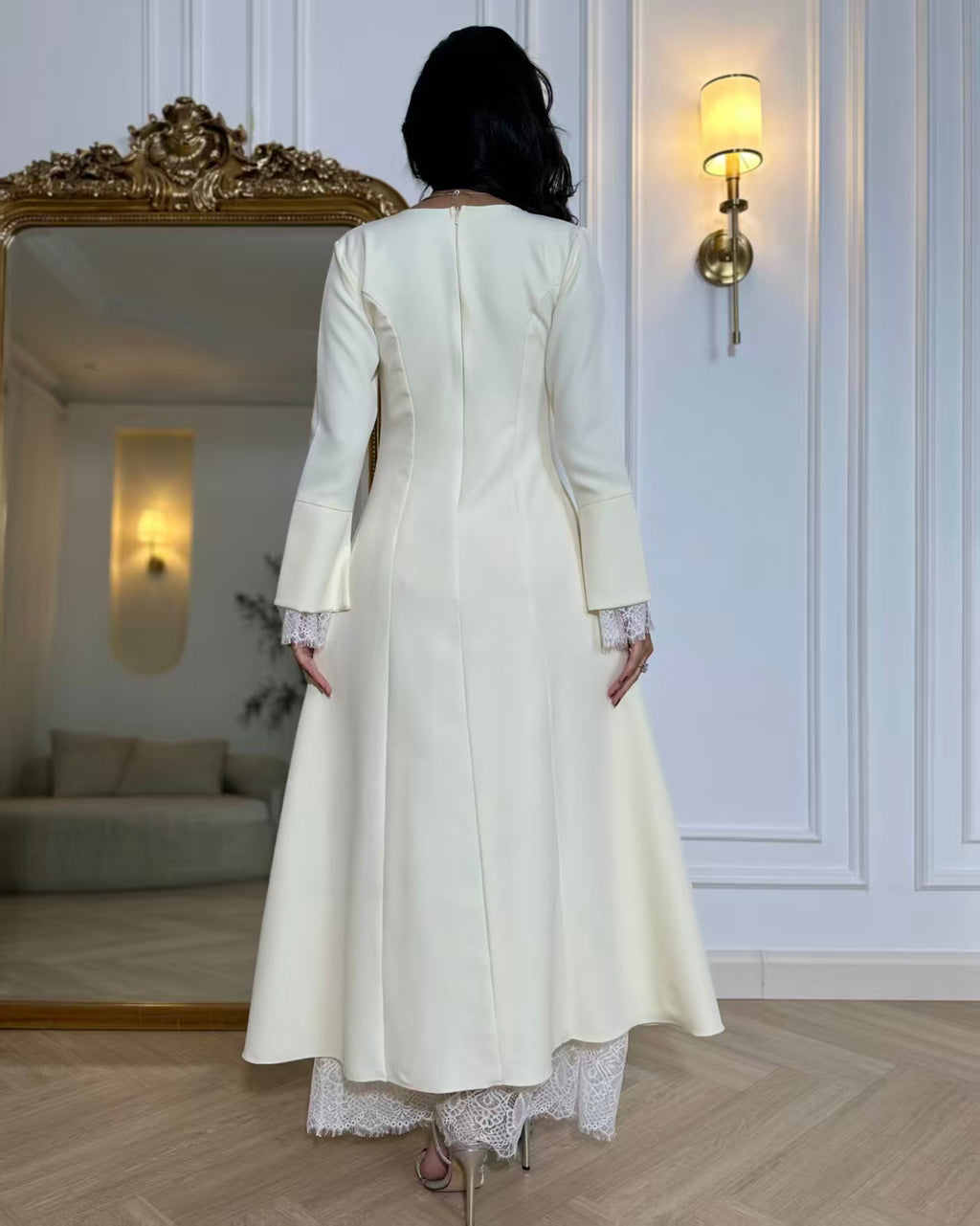 Elara Lace Modest Dress - Beige/Cream/White