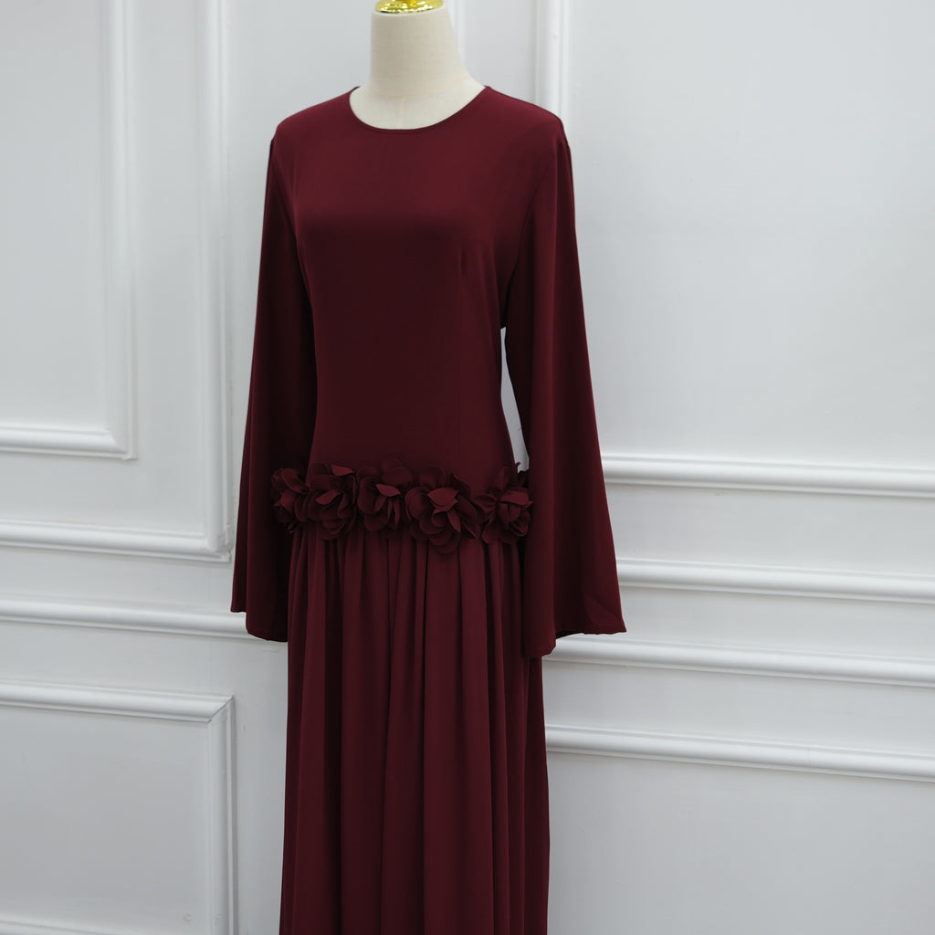 Ayla Floral Waist Maxi Dress - Burgundy