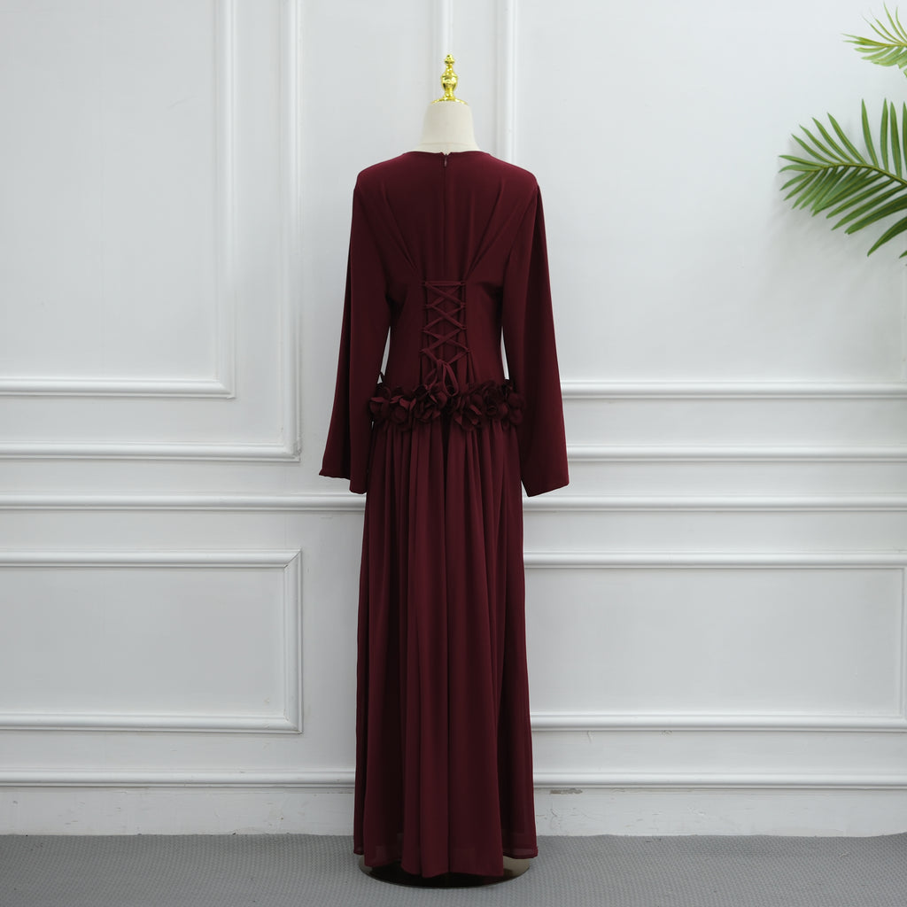 Ayla Floral Waist Maxi Dress - Burgundy