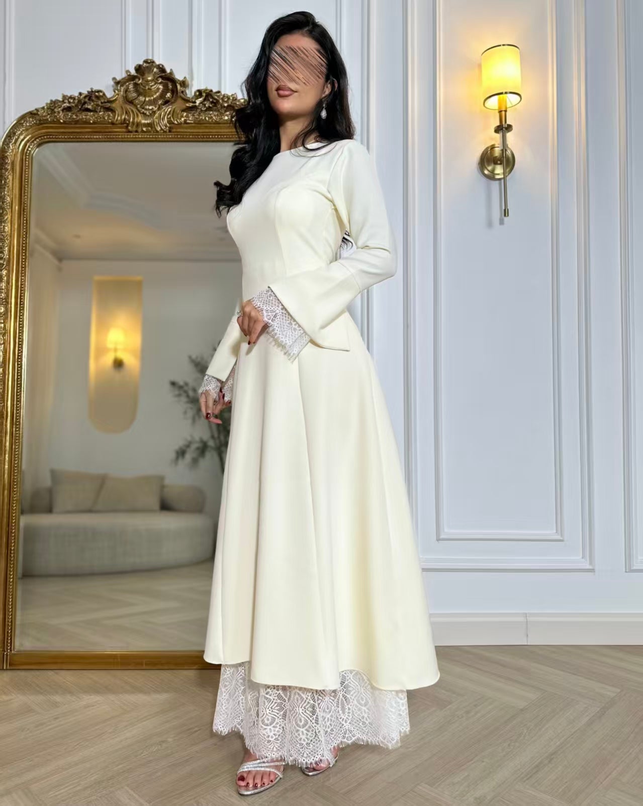 Elara Lace Modest Dress - Beige/Cream/White