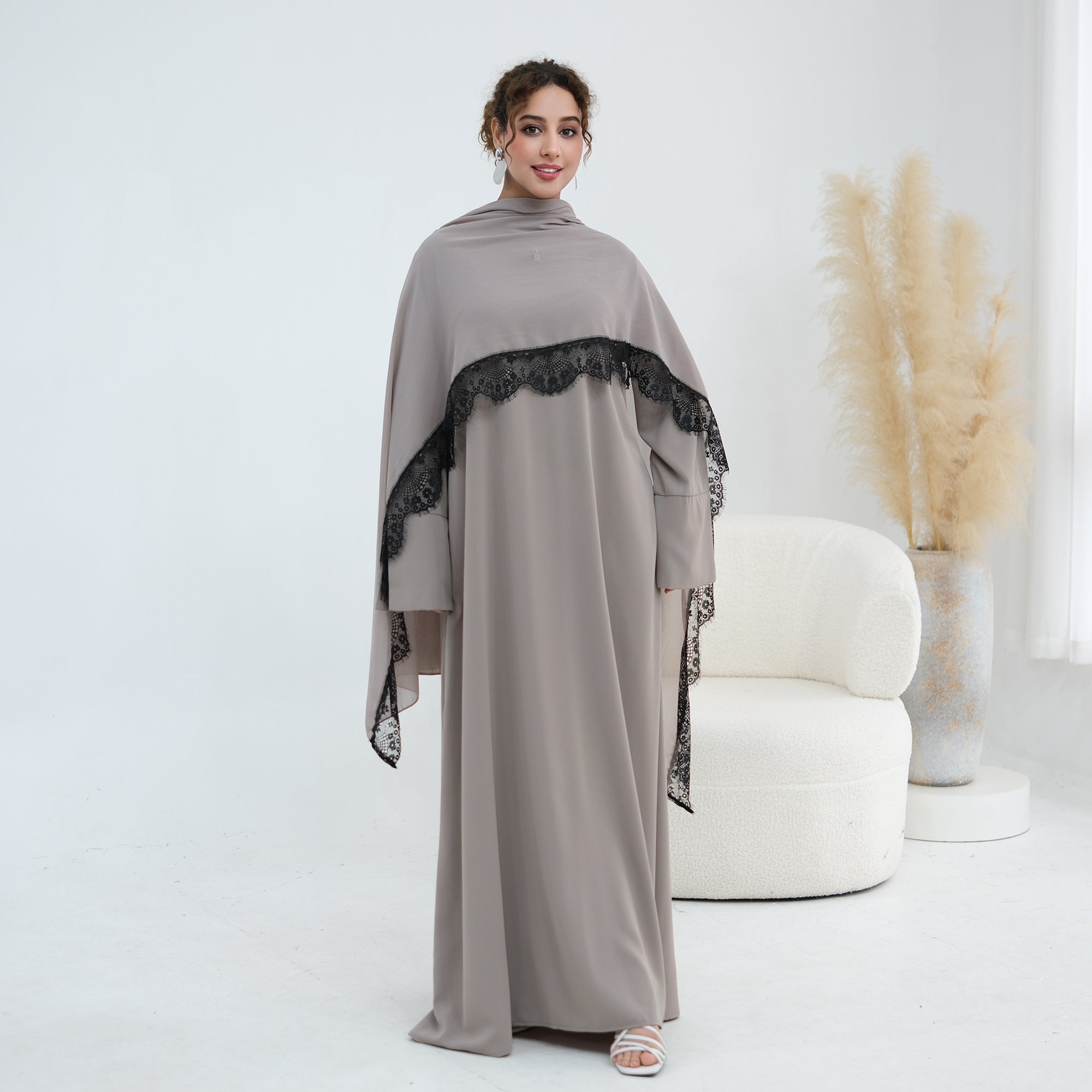 Amani Lace Cape Dress - Gray