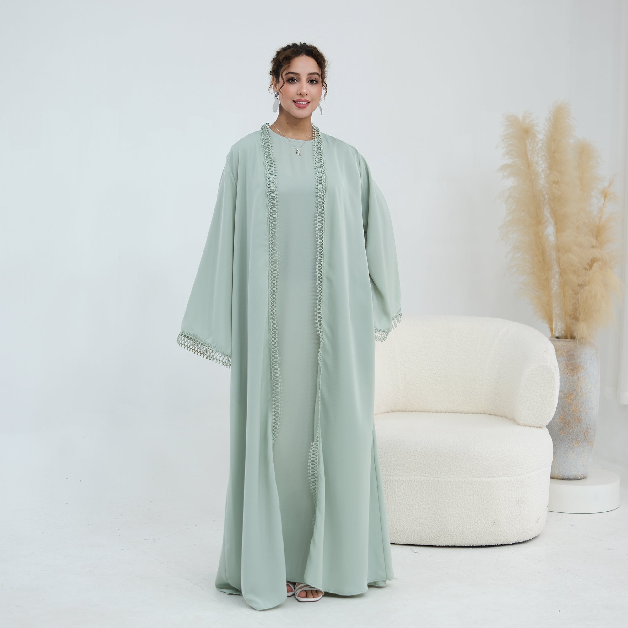 Yasmina Trim Detail Abaya - Pale Green