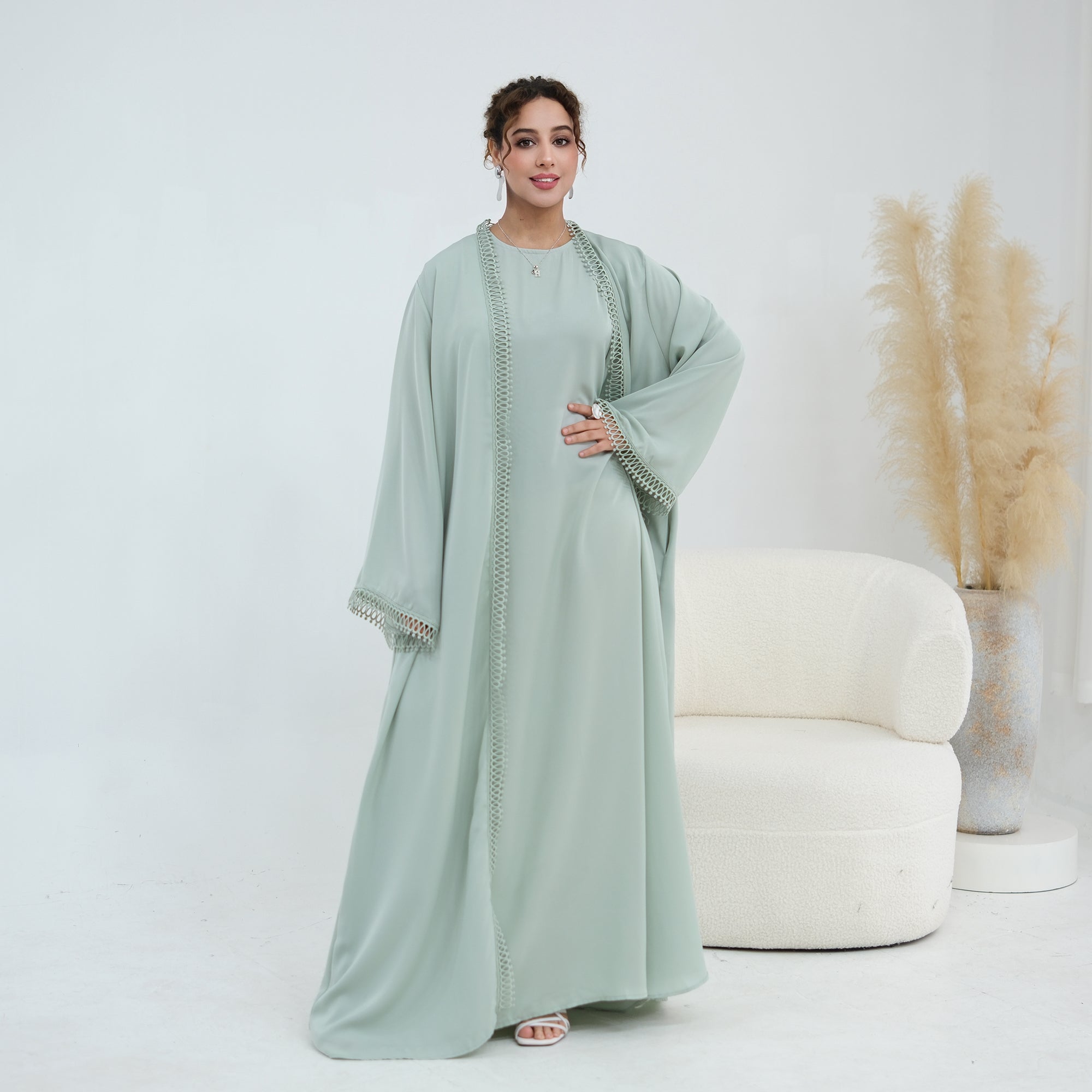 Yasmina Trim Detail Abaya - Pale Green