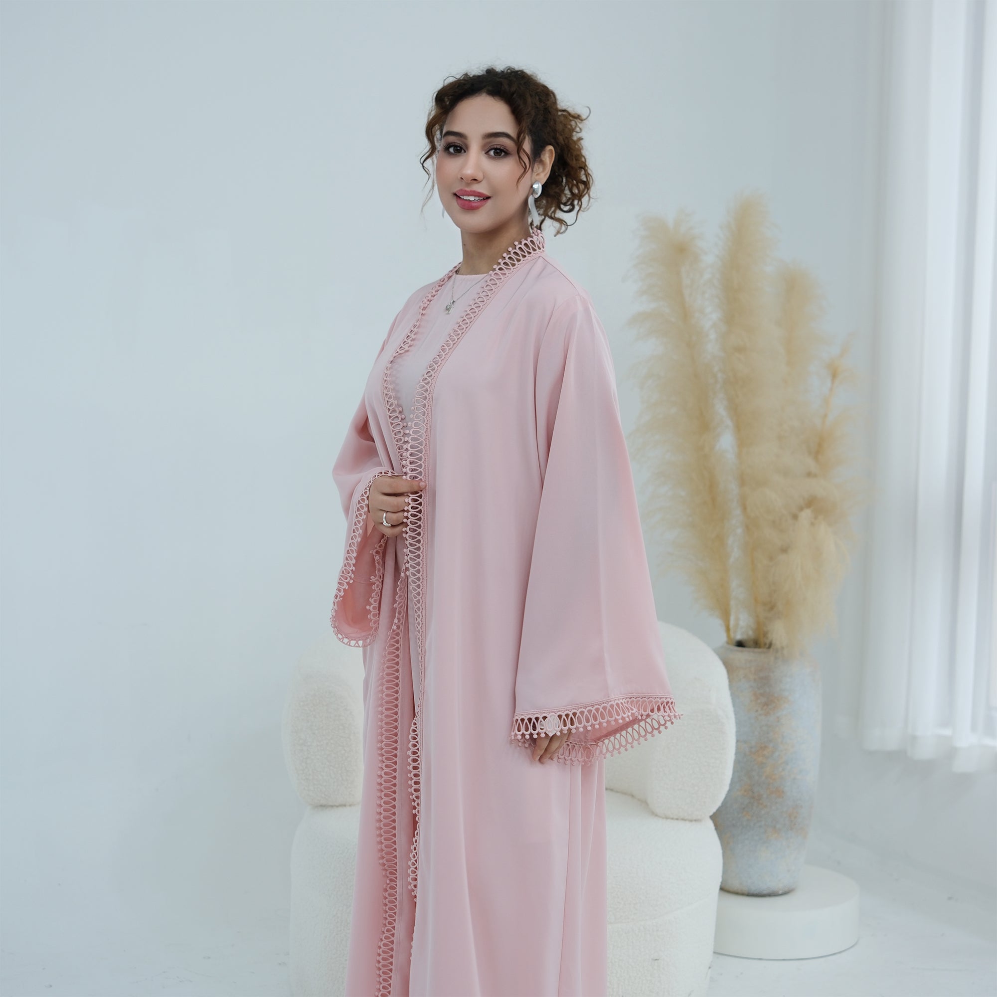 Yasmina Trim Detail Abaya - Baby Pink