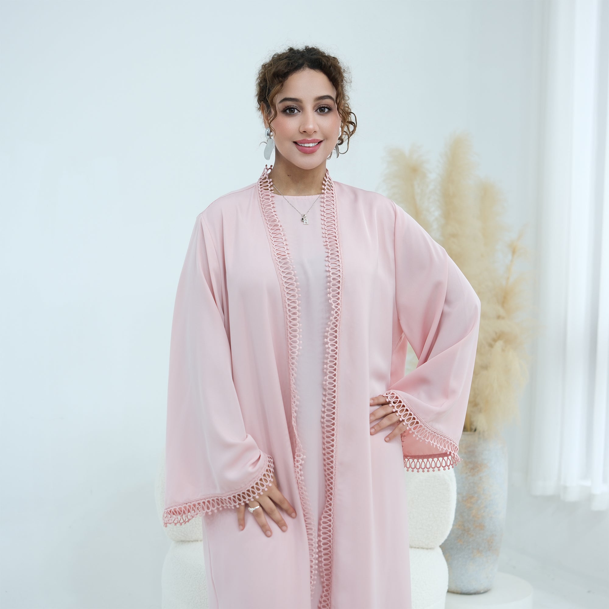 Yasmina Trim Detail Abaya - Baby Pink