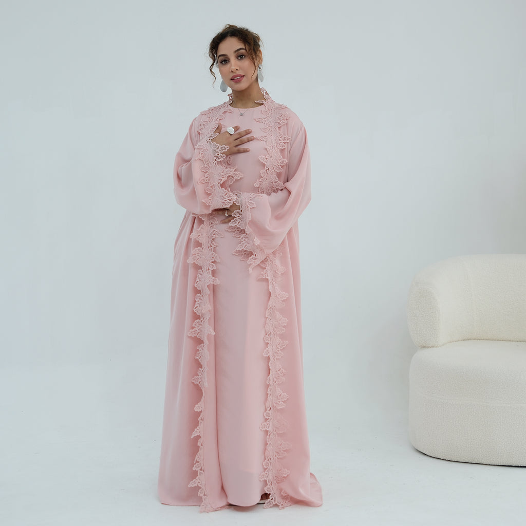 Nayla Lace Abaya Set - Pink