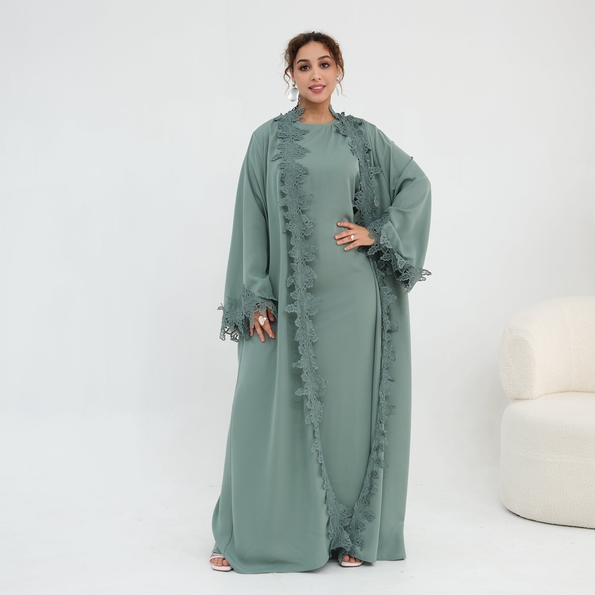 Nayla Lace Abaya Set - Teal Green