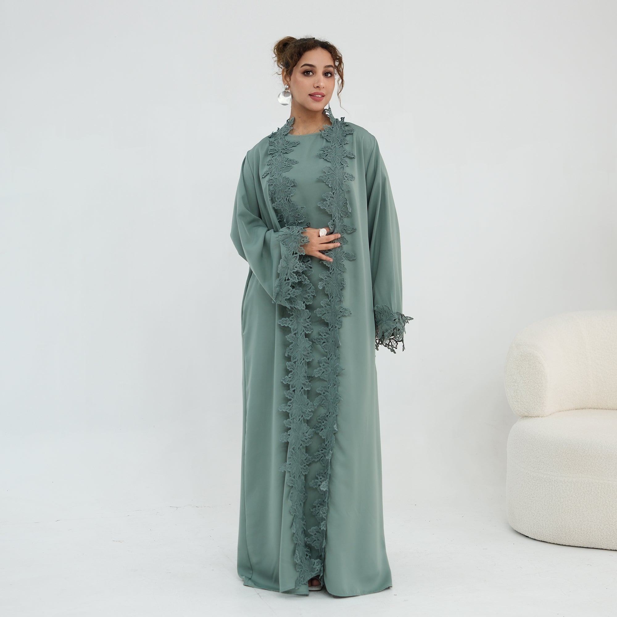 Nayla Lace Abaya Set - Teal Green