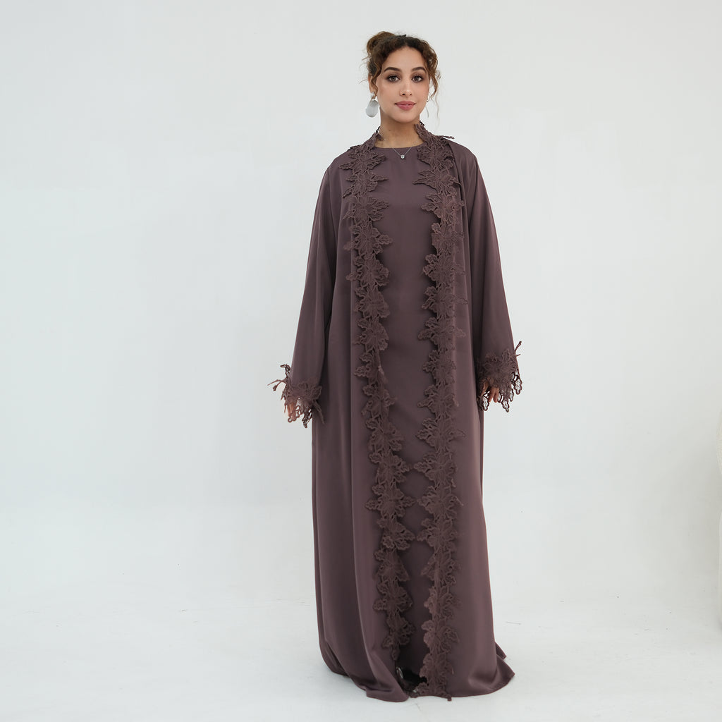 Nayla Lace Abaya Set - Brown