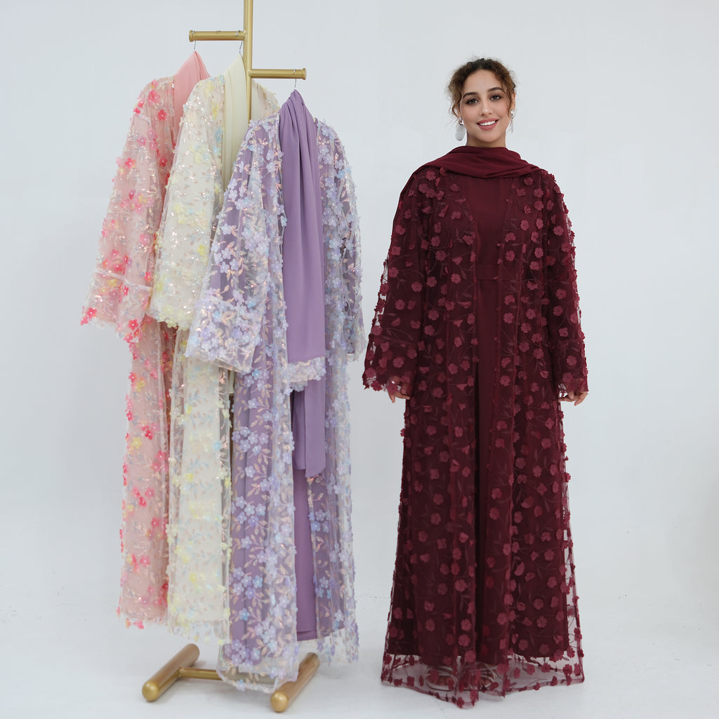 Zaria Floral Embroidered Dress Set - Burgundy