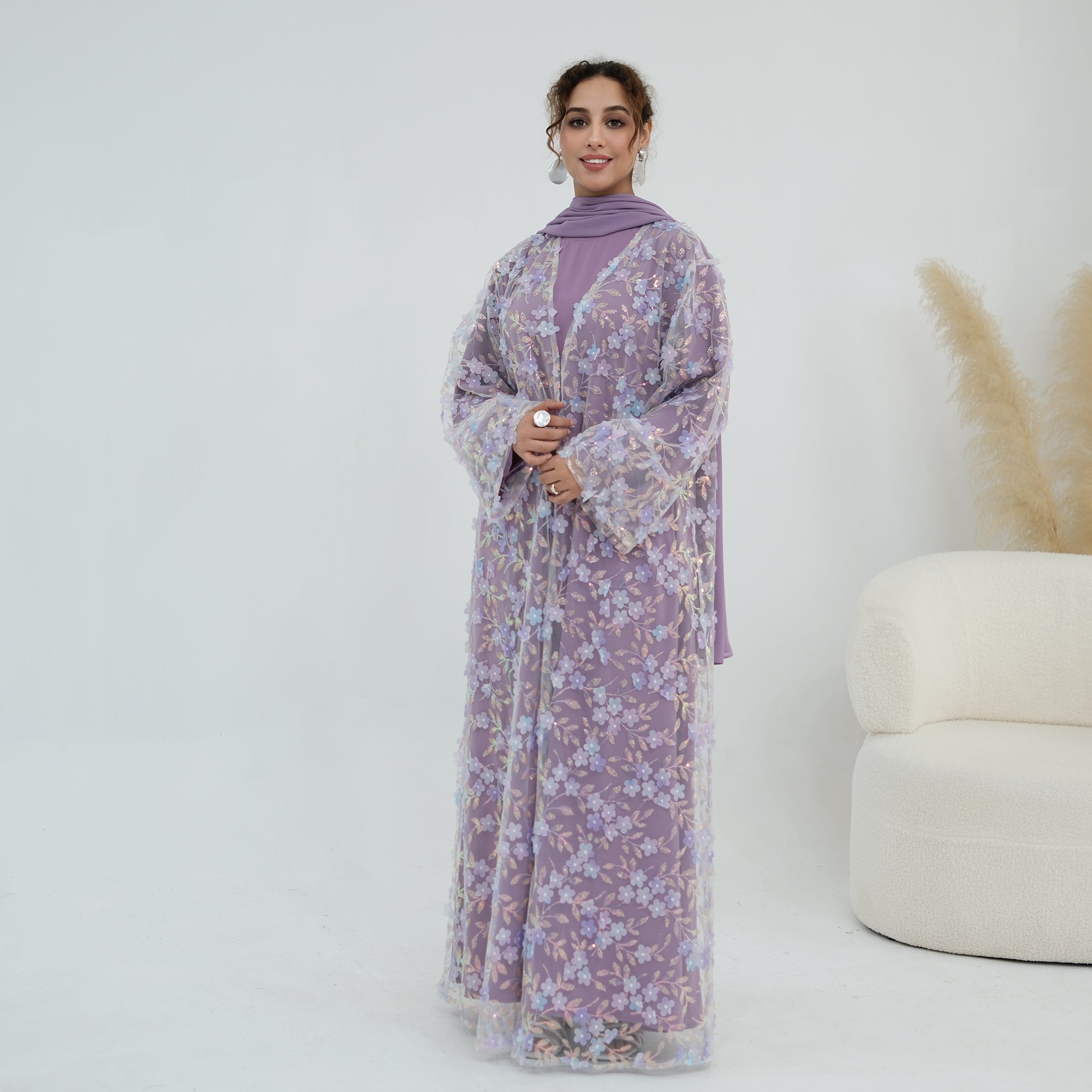 Zaria Floral Embroidered Dress Set - Lilac