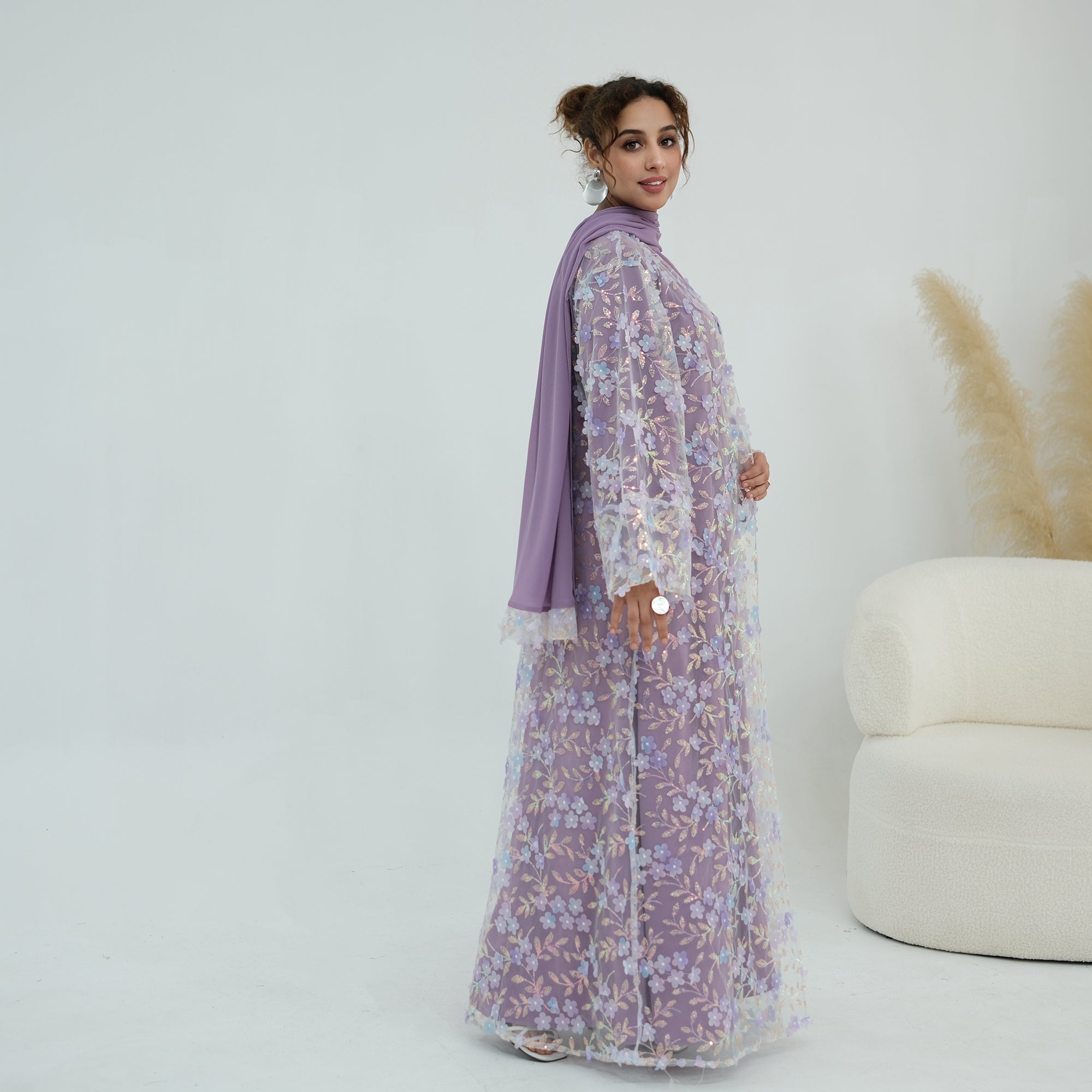Zaria Floral Embroidered Dress Set - Lilac