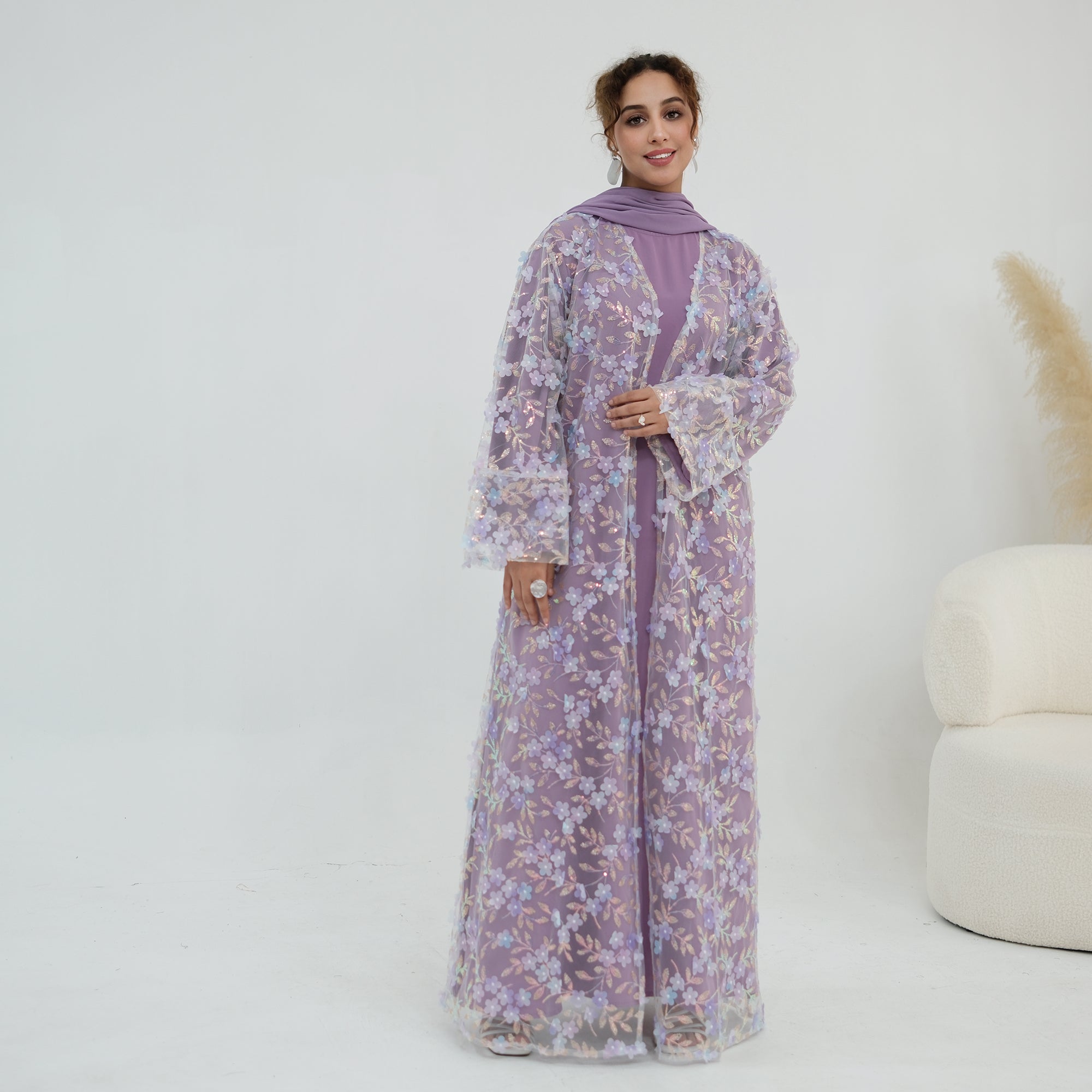 Zaria Floral Embroidered Dress Set - Lilac