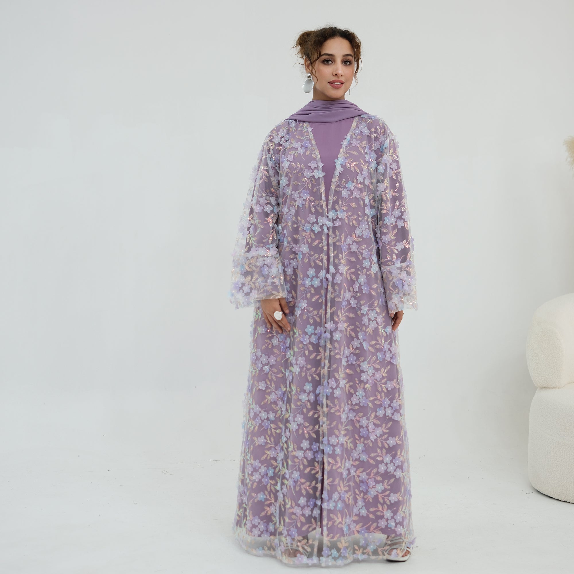 Zaria Floral Embroidered Dress Set - Lilac