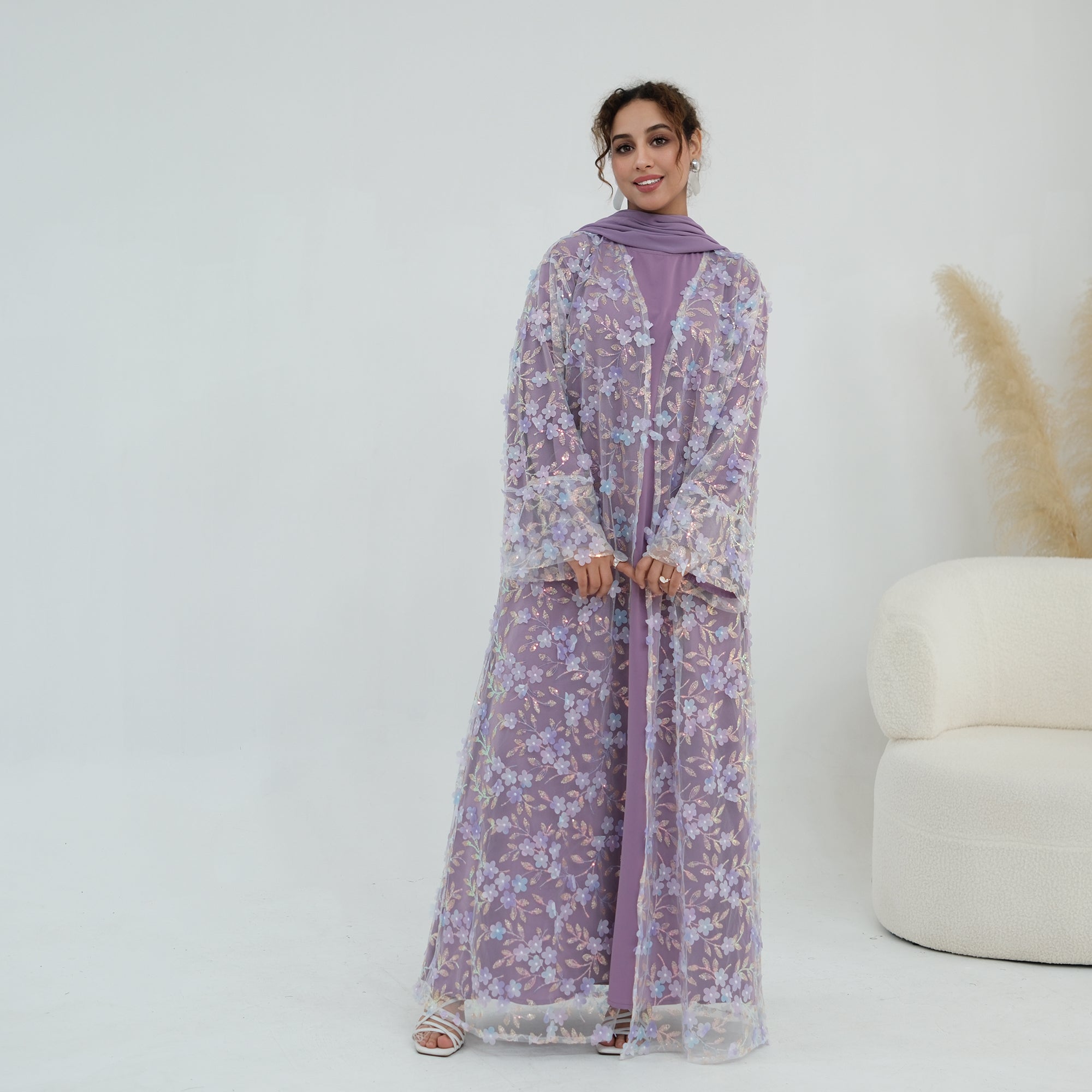 Zaria Floral Embroidered Dress Set - Lilac