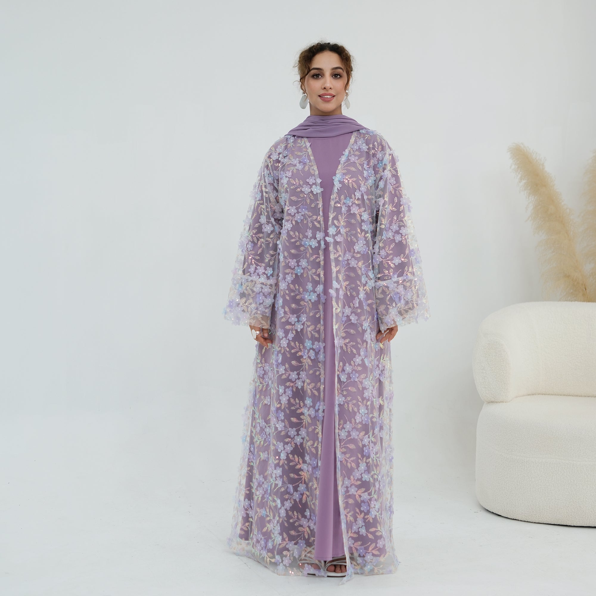 Zaria Floral Embroidered Dress Set - Lilac