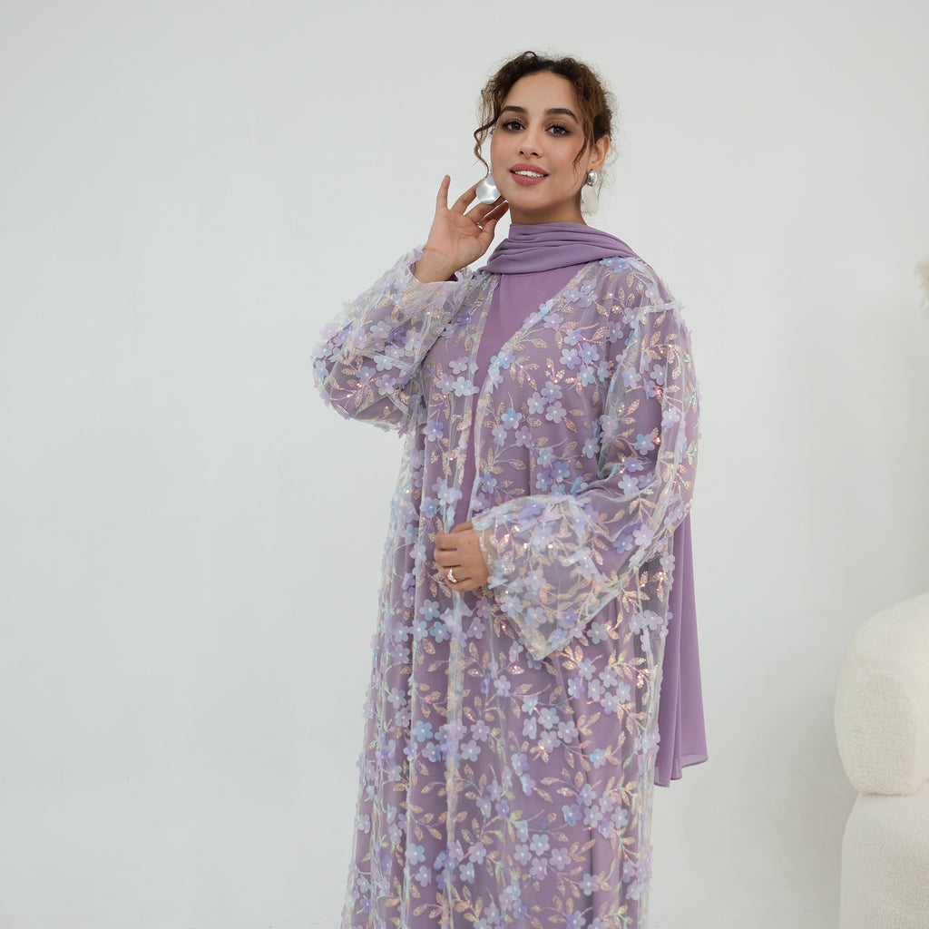 Zaria Floral Embroidered Dress Set - Lilac