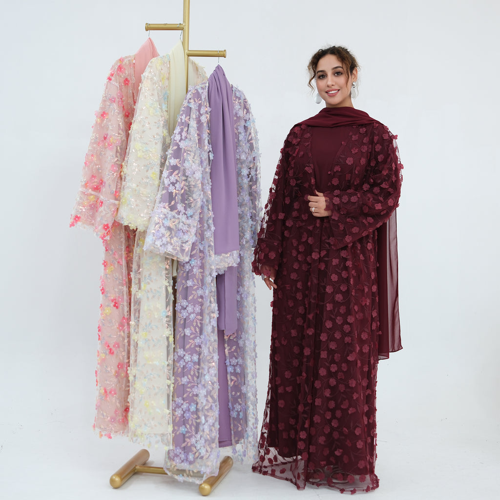 Zaria Floral Embroidered Dress Set - Burgundy