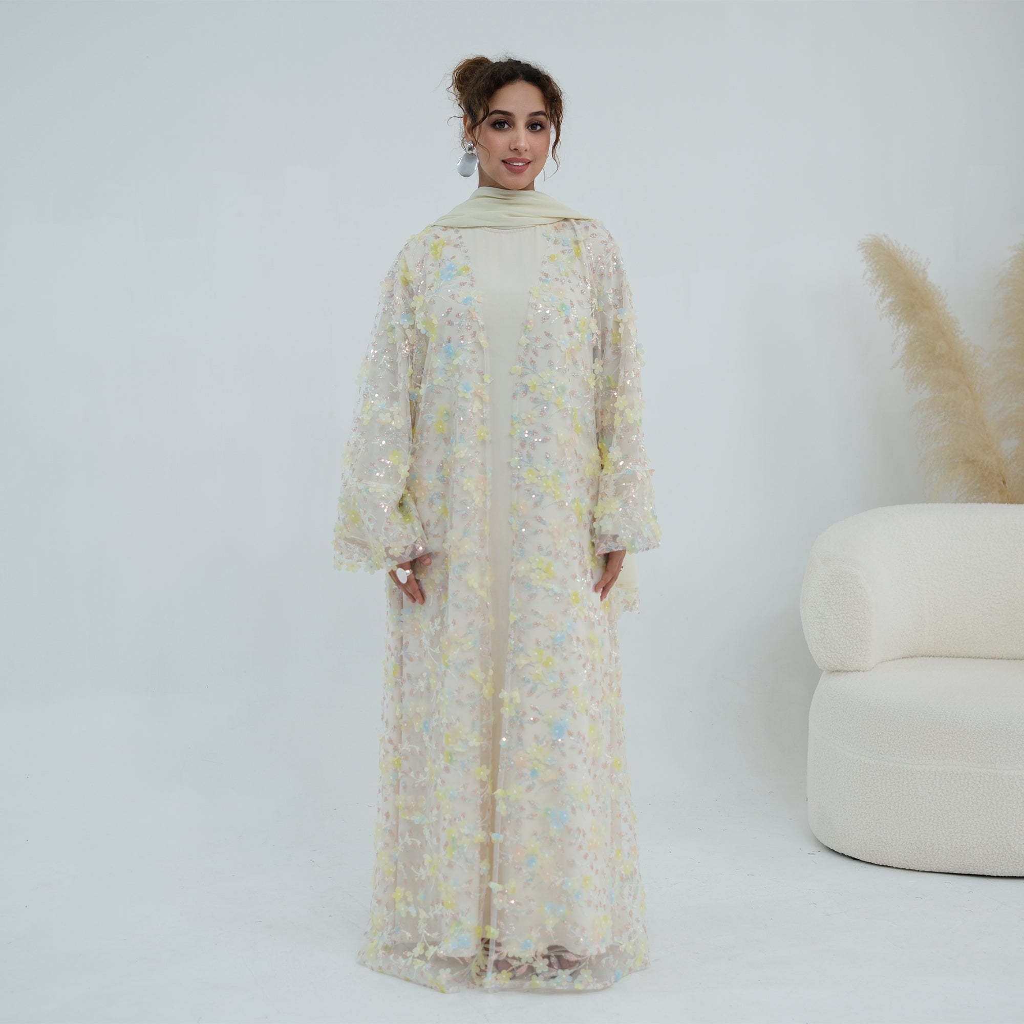 Zaria Floral Embroidered Dress Set - Cream